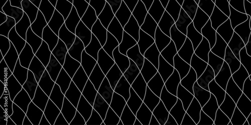 Square graph texture of distorted white line on black background waved texture doodle background, abstract grid pattern with soft wavy line seamless texture of white lined paper grid background.