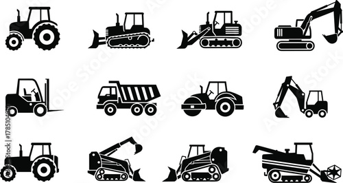 Black Silhouette Vector Icon Set of Heavy Construction, Earth-Moving, and Farm Machinery, Including Tractor, Bulldozer, Excavator, Dump Truck, Forklift, and Harvester for Industrial Design