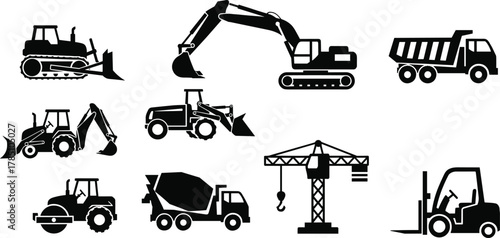 Black Silhouette Vector Icon Set of Heavy Construction and Earth-Moving Machinery, Including Excavator, Dump Truck, Bulldozer, Concrete Mixer, Crane, and Forklift for Industrial Design Projects