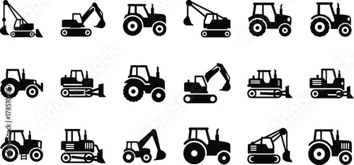 Large Black Silhouette Vector Icon Set of Heavy Construction, Earth-Moving, and Agricultural Farm Machinery, Including Tractors, Excavators, Dozers, and Mobile Cranes for Industrial Design