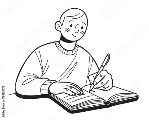 Black and white line drawing of a young caucasian male writing in a notebook with a pen, wearing a sweater and displaying a focused expression.