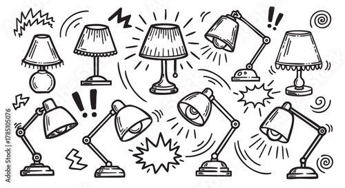 Hand-drawn black and white illustration of various table lamps, including desk and shaded designs, emitting light rays and surrounded by decorative elements.