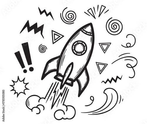 Black and white doodle of a rocket launching with dynamic lines and geometric shapes, symbolizing energy and excitement.