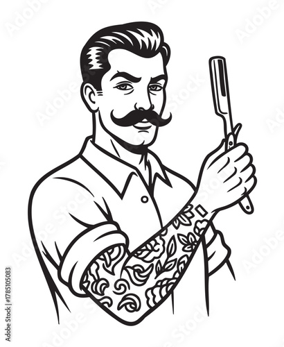 Black and white illustration of a male barber with a mustache and tattoos, holding a straight razor in one hand.