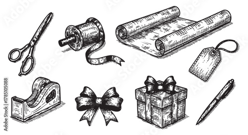 Black and white sketch of gift wrapping elements, including scissors, ribbon spool, wrapping paper, tape dispenser, bow, gift box, tag, and pen.