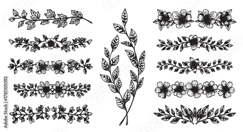Black and white hand-drawn floral and leaf designs featuring various decorative elements, including branches and multiple flower arrangements.