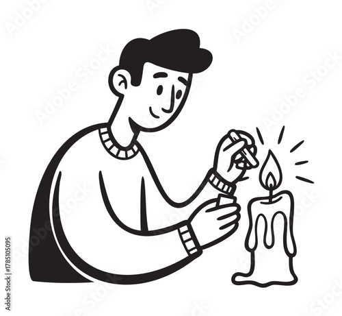 Black and white illustration of a young caucasian male lighting a melting candle with a cheerful expression.