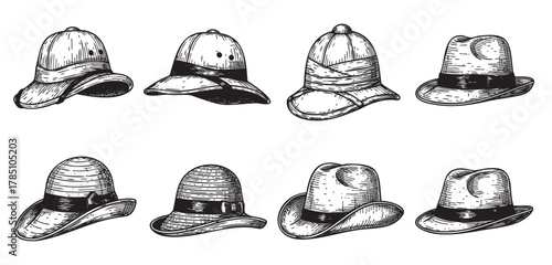 Hand-drawn vintage illustrations of eight different styles of hats, featuring wide brims and various band designs, arranged in two rows.