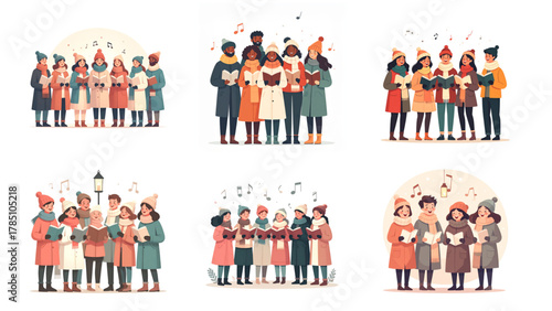 Collection of Christmas vector illustration of people singing Christmas carols, full body characters on white background for festive artwork, perfect for Christmas Holidays Banner templates.