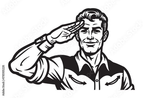 Black and white illustration of a young caucasian male saluting with a confident expression, wearing a shirt with distinct arrow patterns.
