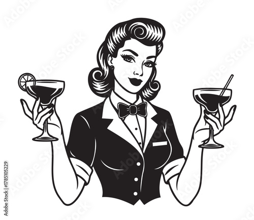 Vintage-style black and white illustration of a female bartender holding two cocktail glasses with garnishes, dressed in a classic bowtie and shirt.