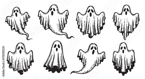 Eight black and white ghost illustrations, each with unique flowing drapery, depicting various expressions of surprise and wonder.