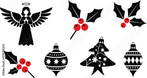 Festive Christmas Black Silhouette and Red Berries Vector Icon Set with Praying Angel, Holly Branches, Ornaments, and Fir Tree Symbol for Seasonal Greeting Card and Decoration Design