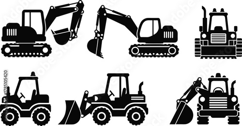 Construction Heavy Machinery Vector Icon Set Featuring Excavator Loader Bulldozer Dozer Digger Equipment Transport Silhouette Graphic Collection Design Element Illustration Black Stock