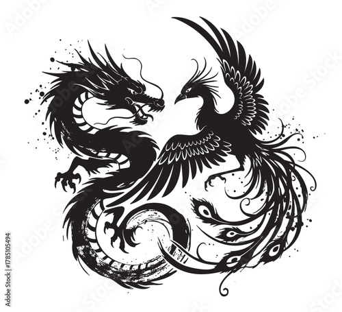 Black ink-style illustration of a mythical dragon and phoenix engaged in an elaborate swirl of motion, symbolizing balance and duality.