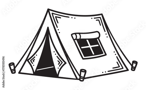 Black outline of a simple triangular camping tent with a window and open entrance, featuring minimal design for outdoor and adventure themes.