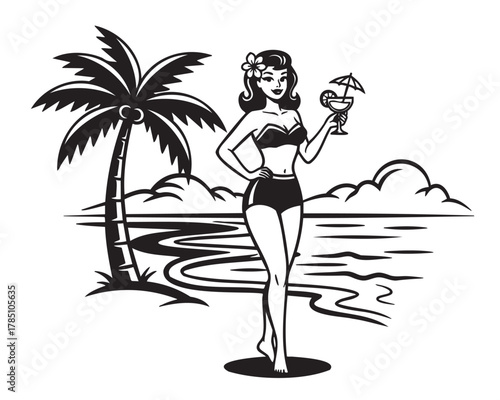 Black and white illustration of a smiling young caucasian female in vintage swimwear holding a cocktail, standing on a beach with a palm tree.