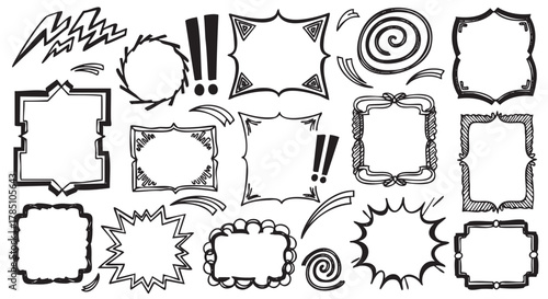 A collection of various hand-drawn frames and borders with exclamation marks and abstract designs in a black outline style.