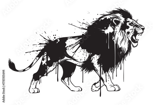 Black ink splatter silhouette of a roaring lion with an expressive mane and dynamic paint effects.