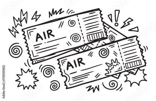 Black and white doodle illustration of two overlapping airline tickets surrounded by abstract designs and swirl patterns.