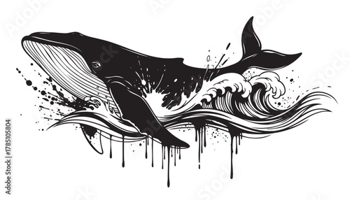 Black and white illustration of a humpback whale breaching through stylized ocean waves with artistic splashes and drips.