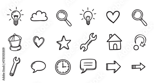 Hand-drawn icon set featuring light bulbs, magnifying glasses, hearts, a star, a wrench, a house, speech bubbles, and arrows in a playful, sketchy style.