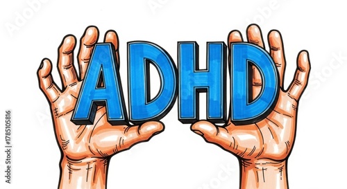 Understanding ADHD: An illustration of hands holding the letters ADHD, symbolizing awareness and support for Attention-Deficit/Hyperactivity Disorder.
