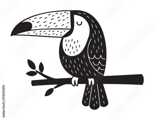 Black and white illustration of a toucan with a large beak, perched on a branch with leaves, depicted in a minimalistic and stylized design.