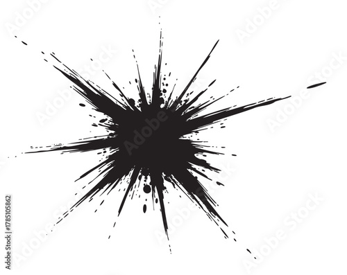 Black ink splatter in a radial burst pattern with long elongated drips on a white background.