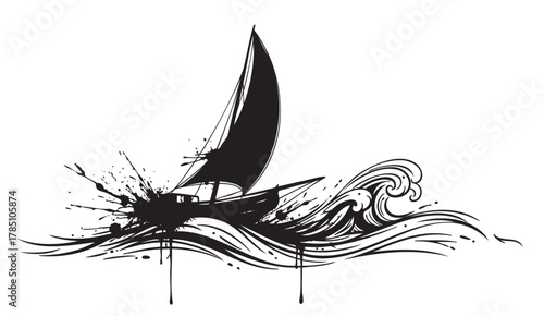 Black silhouette of a sailing boat with a splash effect, navigating through stylized ocean waves in an artistic design.
