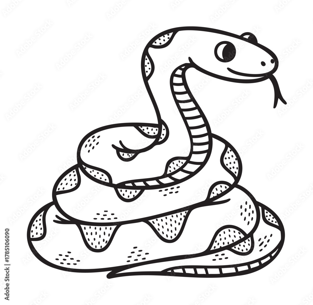 Fototapeta premium Black and white line drawing of a smiling coiled snake with simple patterns and a flicking tongue.
