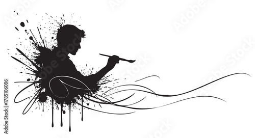 Silhouette of a male artist painting with a brush, surrounded by splatters and swirling decorative lines.