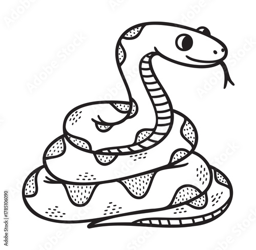 Black and white line drawing of a smiling coiled snake with simple patterns and a flicking tongue.