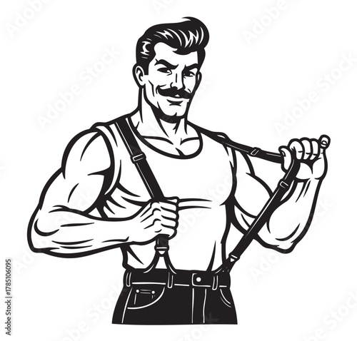 Black and white illustration of a muscular male with a mustache, wearing a tank top and suspenders, exuding a confident expression.