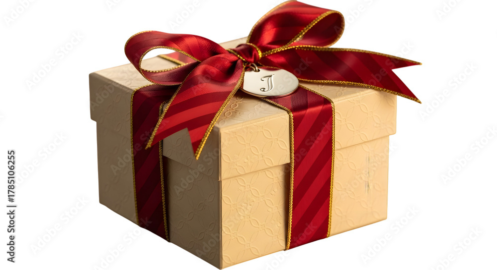 Fototapeta premium Gift box with red ribbon and initial j isolated on transparent background