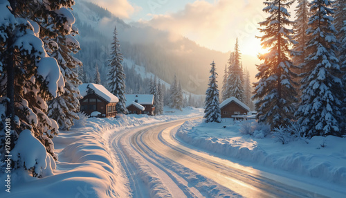 Winter Road with Cabins and Pine Trees