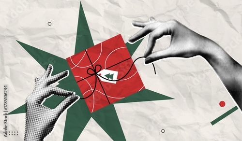 Trendy Halftone Collage Merry Christmas and New Year poster. Women's hands open red gift box. Xmas present with ribbon and bow. Party celebration. Paper texture. Contemporary vector illustration art