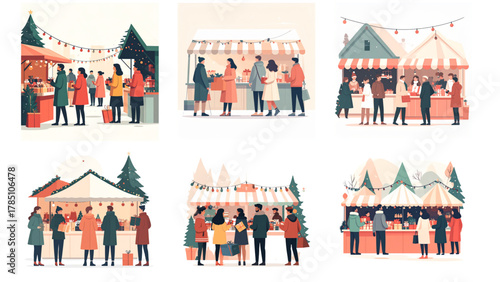 Collection of Illustrations Vectors of People at a Christmas Market, Full-Body Figures Visible with Festive Stalls, Holiday Activities & Winter Atmosphere, Perfect for Greeting Cards, Banners, Posters