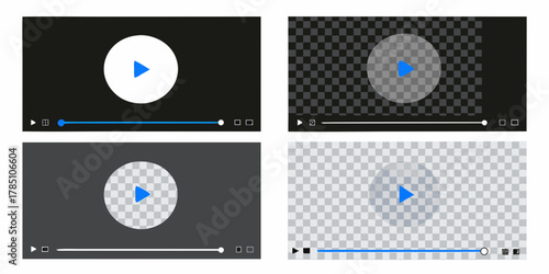 Four different video player interfaces with play buttons and progress bars on dark and transparent backgrounds