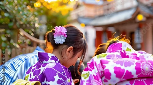 Child and adults in traditional Japanese kimonos bow at shrine at sunset, warm summer festival mood, respectful, joyful.