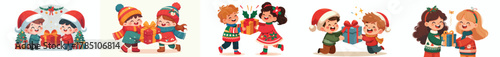 vector of children sharing Christmas gifts