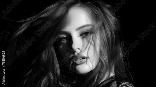 Moody black-and-white close-up of a gorgeous young woman with windblown hair in studio, posing elegantly, neutral season, beauty commercial vibe