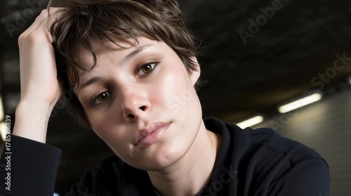 Young adult woman with hand on head in dim urban tunnel; moody evening vibe, ideal lifestyle or commercial background.