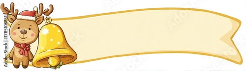 Cute Christmas reindeer and bell with blank banner