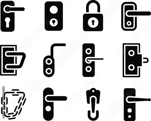 Door handle and lock icon set showing modern security latch, padlock, keyhole design elements for home safety and hardware illustrations