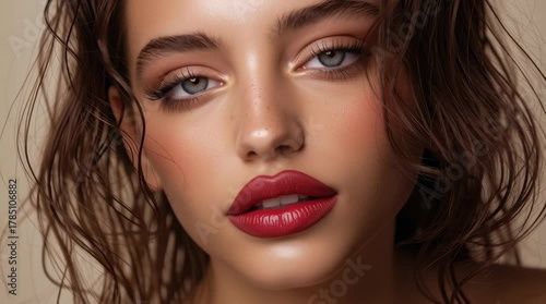 Close-up of young adult woman with red lipstick, lips slightly parted in studio; summer glow, sleek beauty commercial