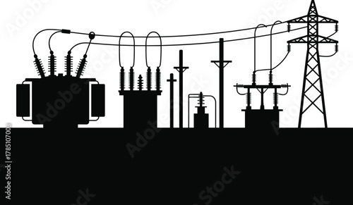 High voltage electrical substation with transformers, power lines and transmission tower, energy distribution infrastructure silhouette vector illustration