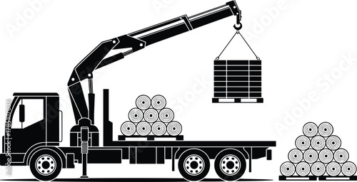 Industrial truck with hydraulic crane loading pallet of goods, transportation logistics vehicle equipment for warehouse supply, cargo handling illustration