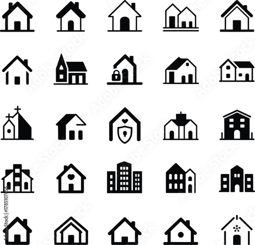 Modern home and building icons set representing residential architecture, property symbols, real estate graphics, minimalist house silhouette shapes for design