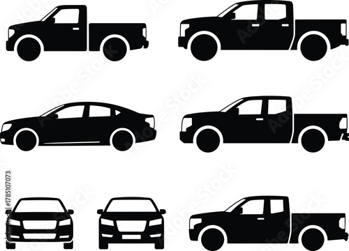 Pickup truck and sedan car silhouette icon set for automotive design, transportation services, vehicle illustration, dealership branding and traffic signage